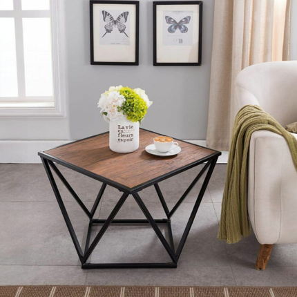Geometric Metal Frame Wooden Side Table