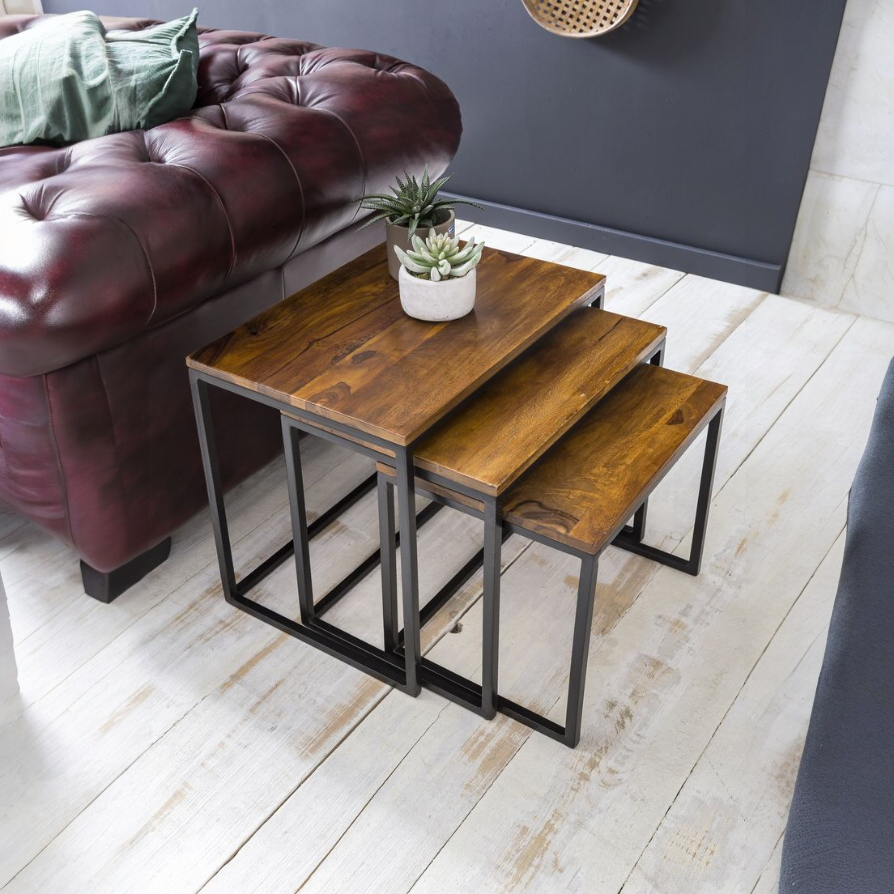 Industrial Solid Wood Finish Nesting Side Table