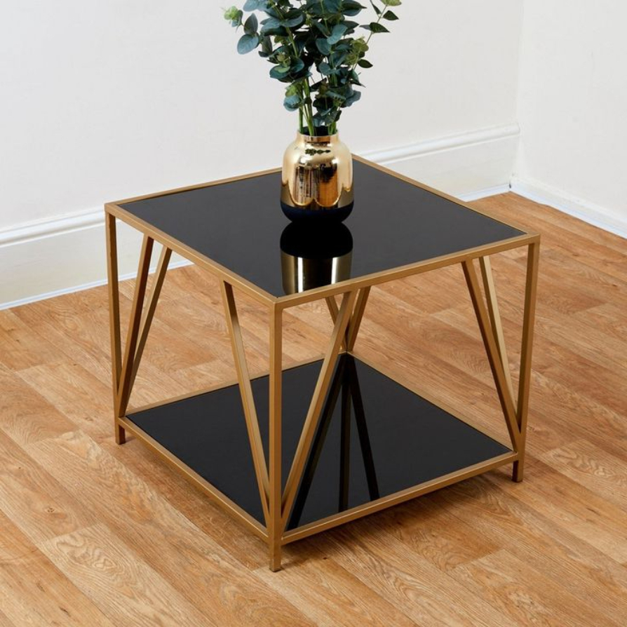 Luxury Gold Metal Side Table with Black Glass Top