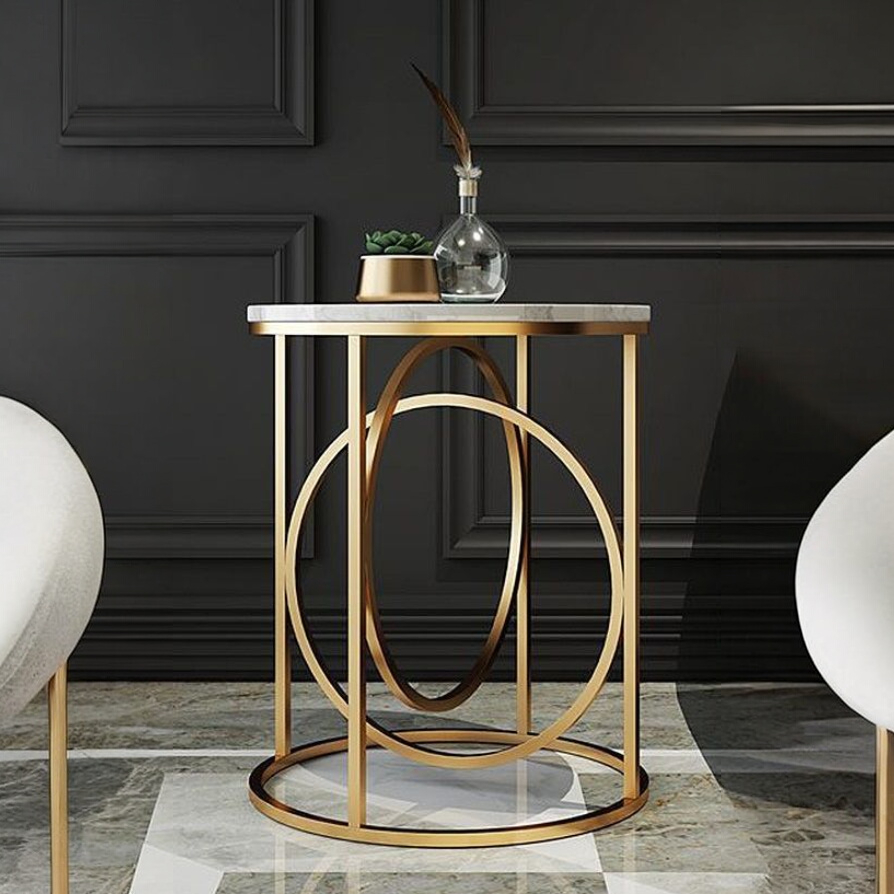 Luxury Gold Ring Accent Table with Marble Finish Top