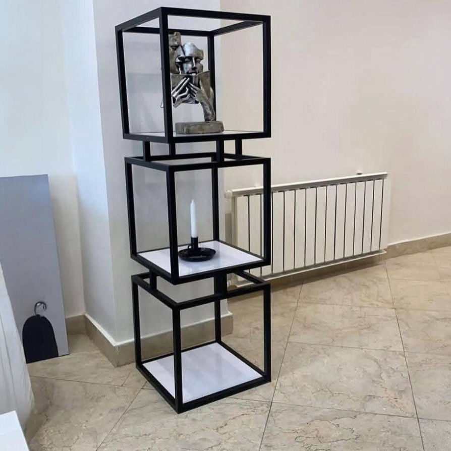 Modern 3-Tier Cube Metal Display Stand with White Shelves