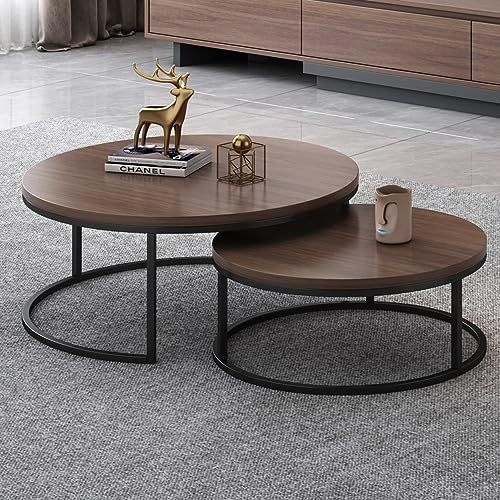 Modern Walnut Finish Round Nesting Coffee Table Set