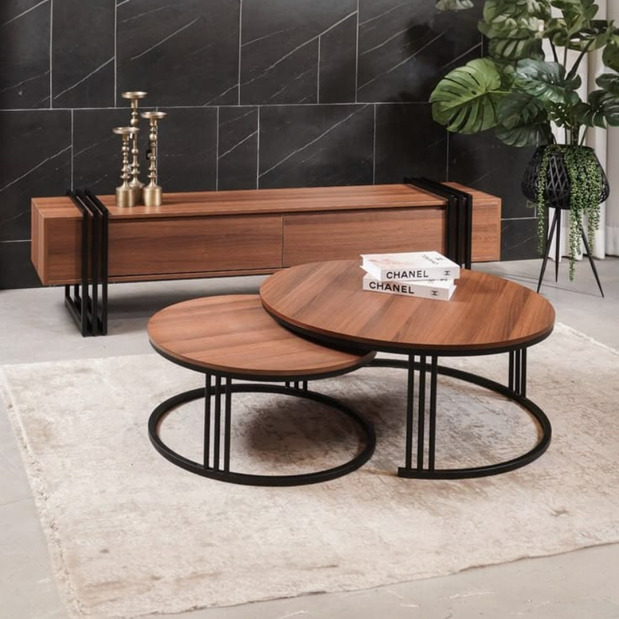 Premium Walnut Finish Round Nesting Coffee Table Set