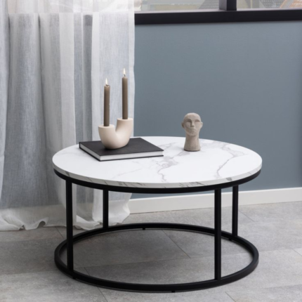 Round Marble Finish Coffee Table with Metal Frame