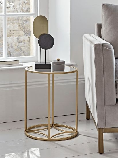 Modern / luxury round side table with round white glass top and powder coated  metal frame