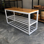 Beautifull three tier metal rack and top is wooden with white powder coated metal wood finish natural.